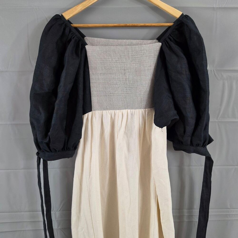 Costaiia Dress Medium Pueblo Dress Linen Maxi Colorblock Puff Sleeve Cottagecore - Picture 2 of 9